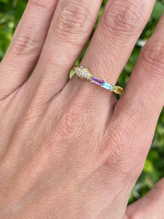14K Gold Rainbow Gemstone & Diamond Snake Ring (Size 7)