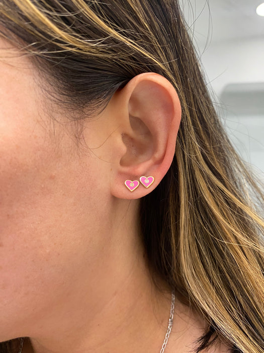 14K Gold Pink Enamel Diamond Heart Stud Earrings