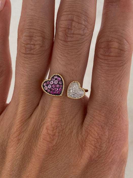 14K Yellow Gold Diamond & Ombre Pink Sapphire Double Heart Croissant Ring
