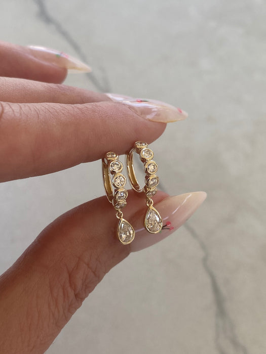 14K Gold Lab Diamond Bezel Huggie Earrings with Pear Drop