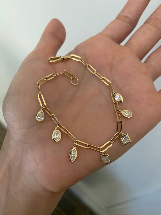 14k Gold Lab Diamond Bezel Charms Paperclip Bracelet With Dog Clip