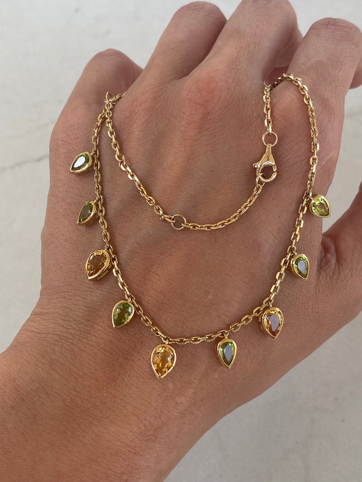 14K Solid Gold Peridot & Citrine Station Chain Necklace