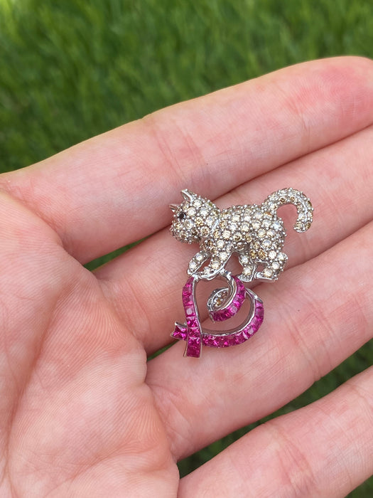 Vintage 18K White Gold Diamond & Ruby Cat Slider Charm