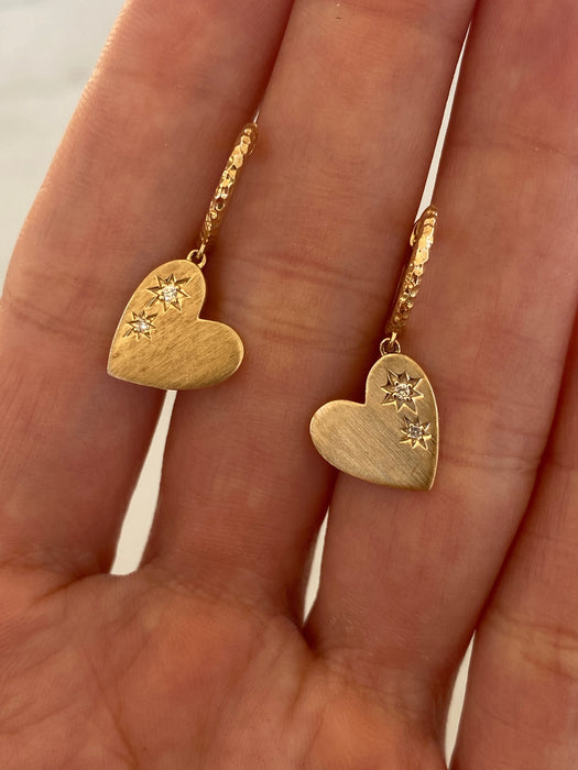 14K Gold Diamond Heart Charm Huggie Earrings