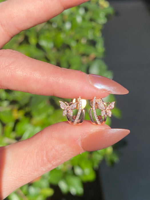 14k Rose Gold Diamond Butterfly J Huggie Earrings | Petite Diamond Huggies