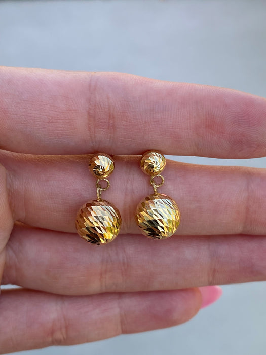 14K Gold Diamond Cut Bead Dangle Earrings – Textured Disco Ball Drop Earrings