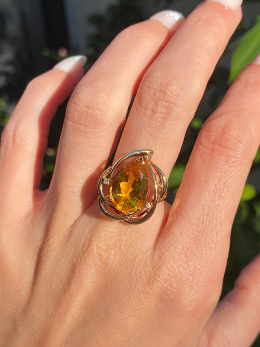 Vintage 14K Gold Pear Citrine & Diamond Ring