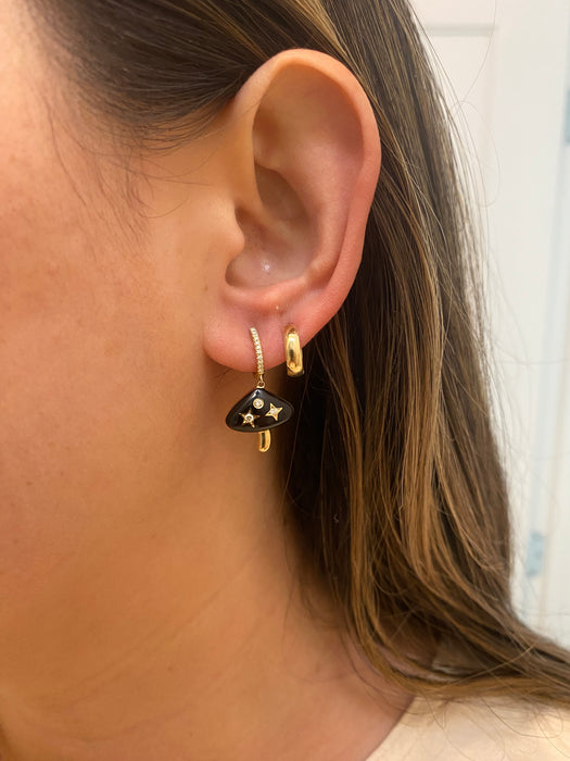 14K Gold Diamond Huggie Earrings with Black Enamel Mushroom Charms