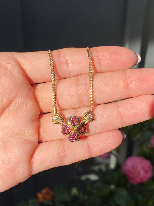 18k pink tourmaline diamond clover herringbone necklace 16”