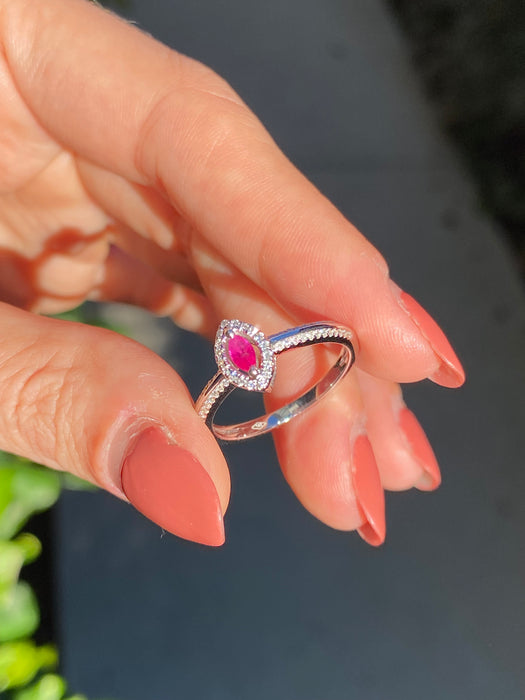 18k white gold ruby diamond marquise ring size 6.75