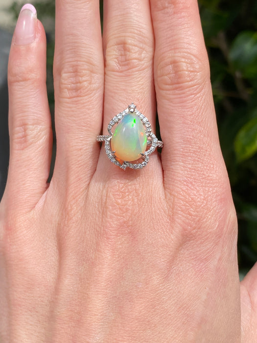 Platinum 900 opal and diamond ring size 6.5