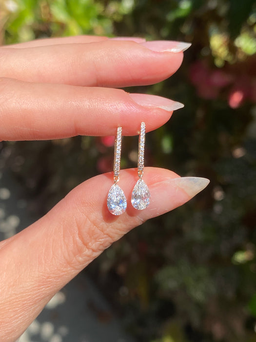14k 1.2 carat lab diamond drilled pear Huggie earrings
