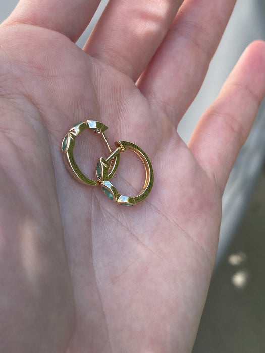 14k bezel set marquise green agate huggie earrings