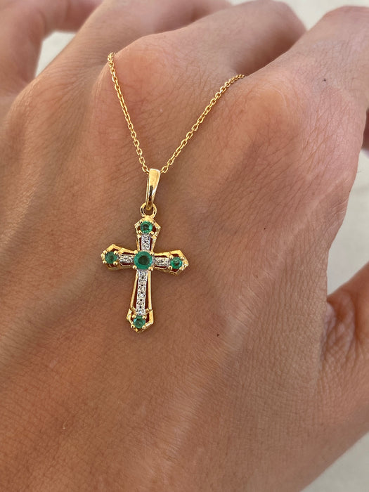 14K Natural Emerald & Diamond Cross Pendant