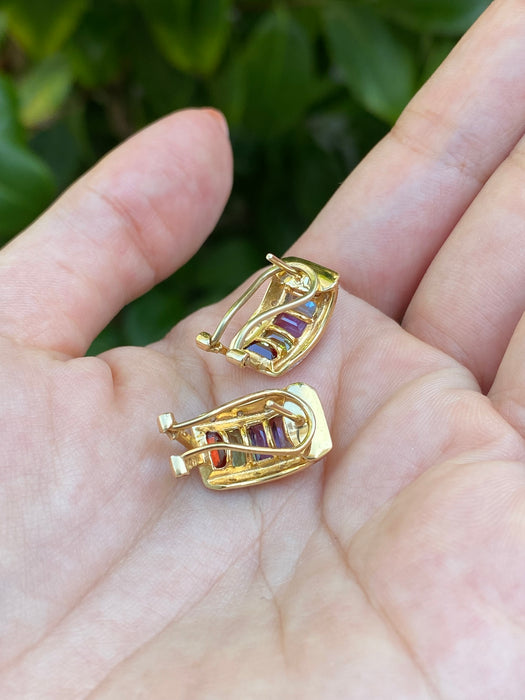 14k rainbow diamond omega earrings