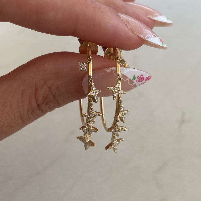 14K Gold Natural Diamond Star Charm J Hoop Earrings