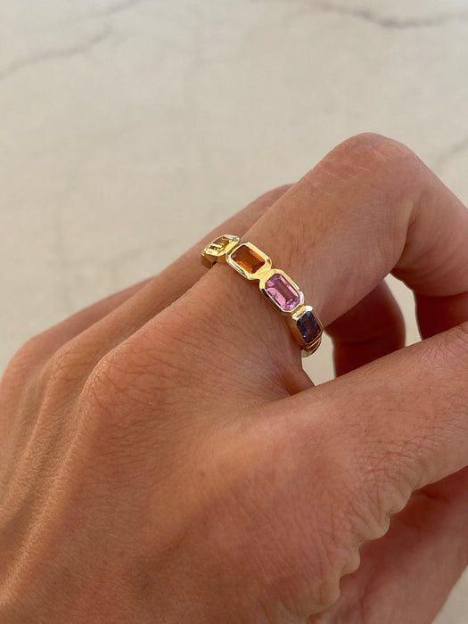 14K Gold Rainbow Sapphire Bezel Set Ring