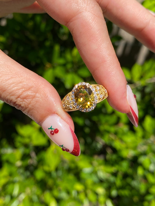 Vintage 18K Golden Beryl & Diamond Halo Ring