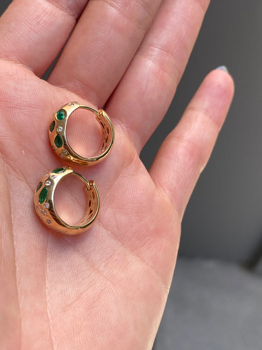 14k emerald fancy diamond heart hoop earrings