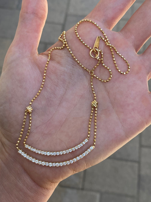 Vintage 18K Gold Bead Chain Necklace with Double Curved Diamond Bar – 1.23 TCW Diamonds, Adjustable 14–15.5”
