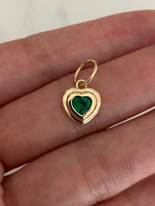 14K Gold Double Bezel Emerald Heart Charm