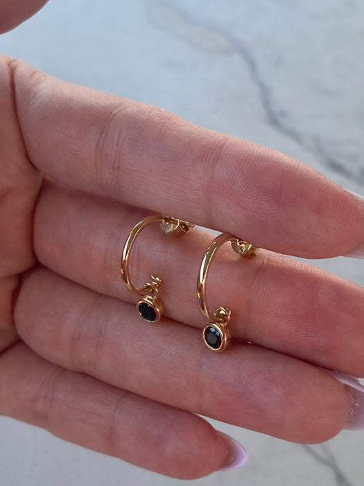 14K Gold Natural Blue Sapphire Charm Huggie Earrings