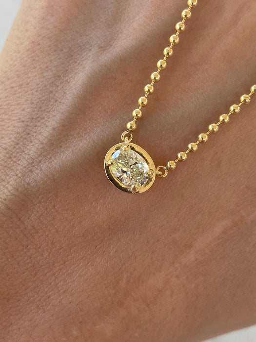 14K Gold East-West Oval Natural Yellow Diamond Bead Chain Necklace