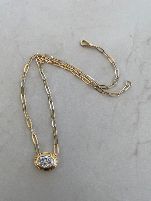 14K Gold Paperclip Necklace with 3 Carat East-West Oval Lab Diamond
