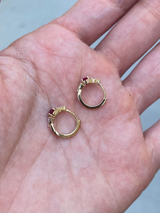 14K Gold Natural Ruby & Diamond Huggie Earrings