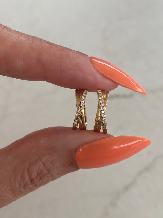 14K Gold Brushed Diamond Crossed Huggie Earrings