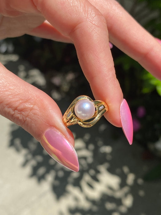 Vintage 14K Gold Pearl and Diamond Ring – Size 5