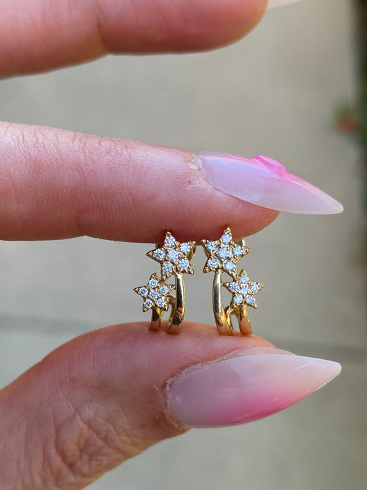 14K Gold Double Star Diamond J Huggie Hoop Earrings