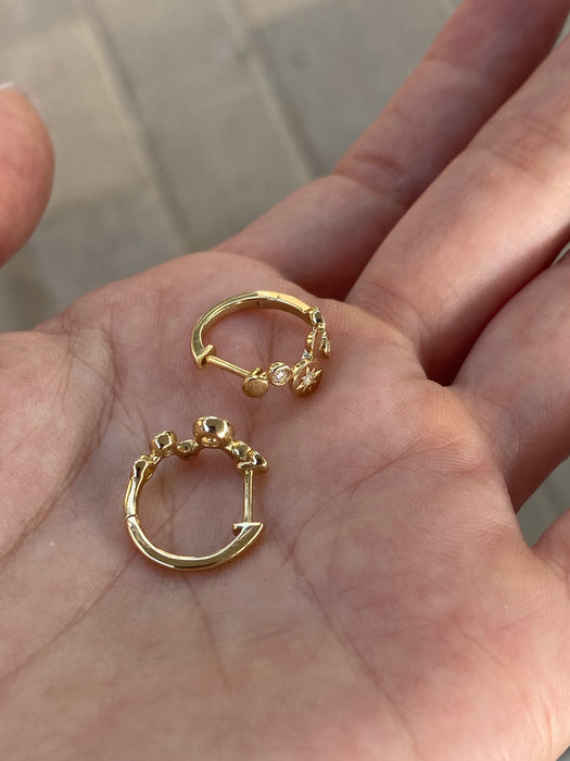 14K Gold Natural Diamond Disc & Starburst Huggie Earrings
