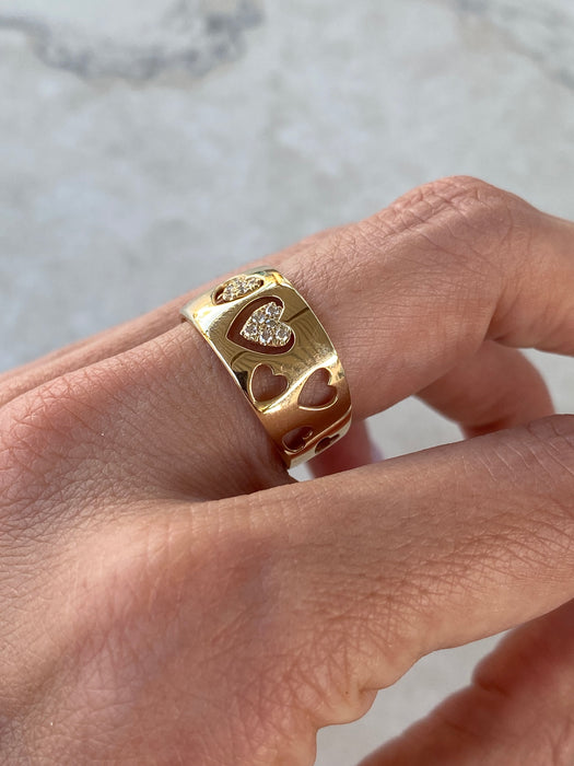 14K Gold Cigar Band Heart Cut Out Diamond Ring