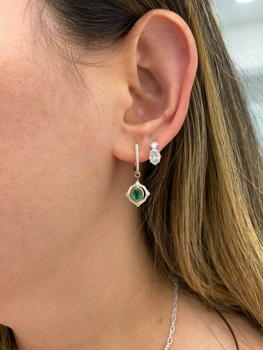 14K Gold Natural Emerald & Diamond Huggie Drop Earrings