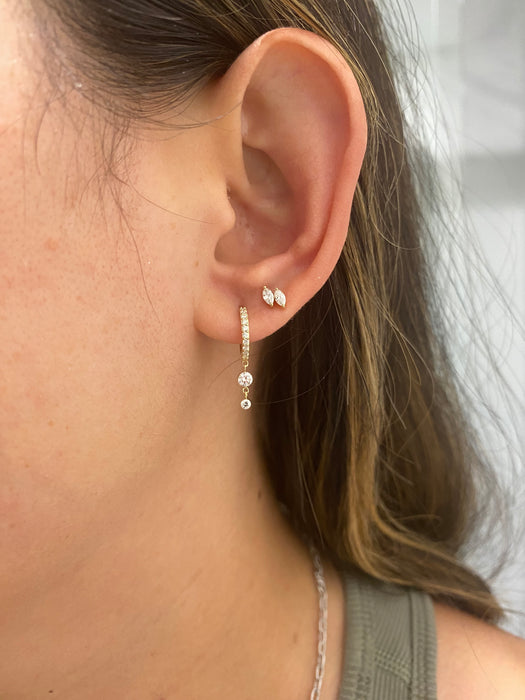 14K Gold Lab Diamond Huggie Earrings with Double Diamond Drops