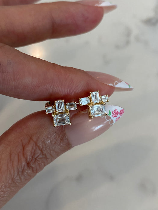 14K Gold Lab Grown Emerald Cut Diamond Cluster Stud Earrings 1.25 CTW