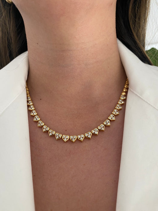 Vintage 18K Gold Diamond Heart Tennis Necklace
