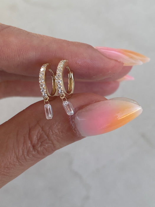 14K Gold Lab Diamond Huggie Earrings with Floating Emerald Cut Drop