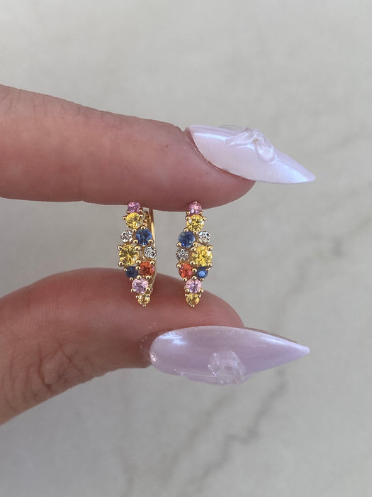 14K Gold Natural Rainbow Sapphire & Diamond Huggie Earrings