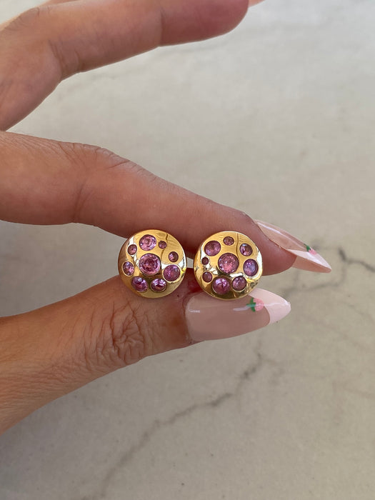 14K Gold Pink Flush Set Button Sapphire Stud Earrings