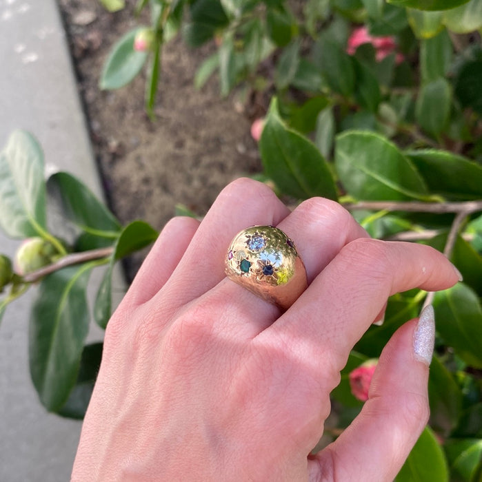 14k bombe with diamond blue sapphire emerald and ruby ring size 5