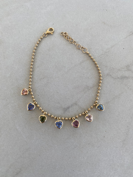 14K Gold Multi-Color Sapphire Heart Bead Bracelet
