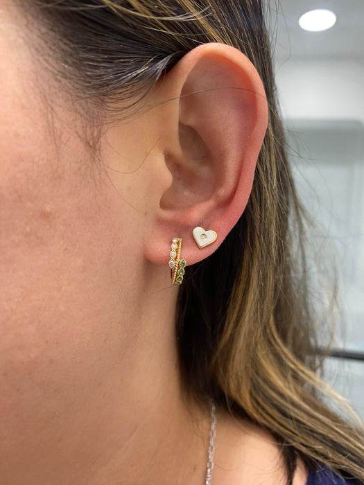 14K Gold White Enamel Diamond Heart Stud Earrings