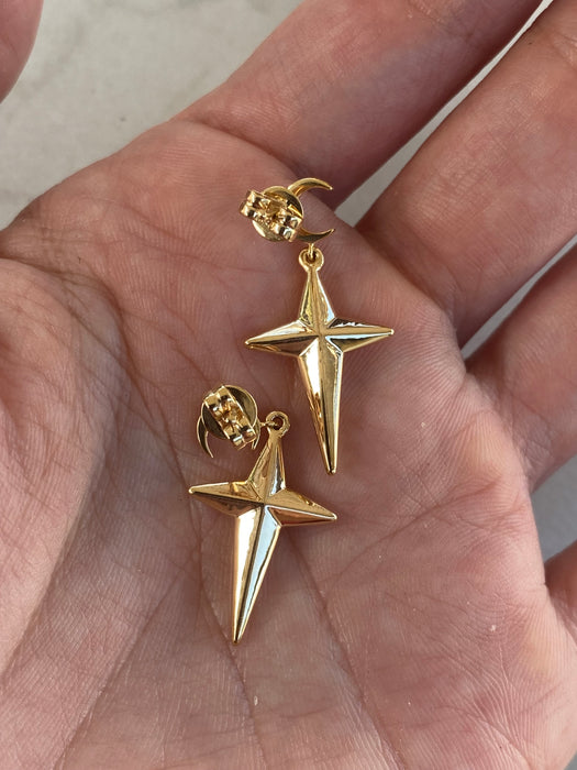 14k Gold Diamond Crescent Moon & Star Drop Earrings
