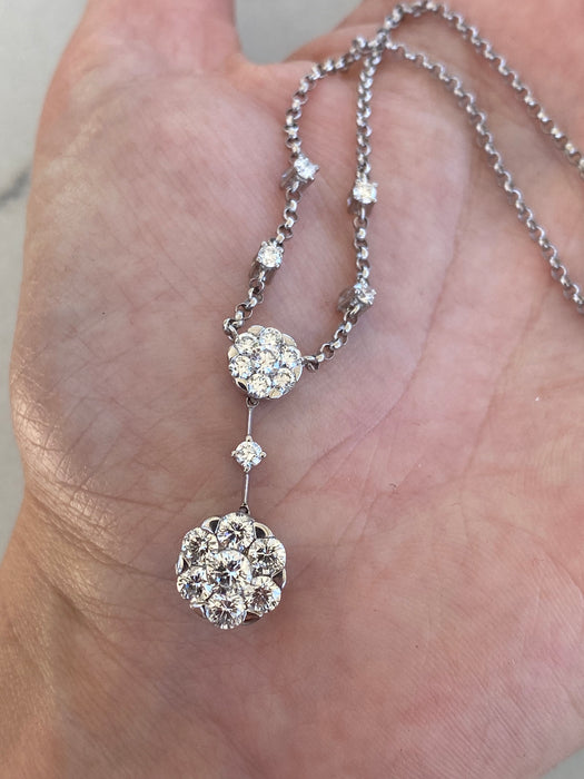 Vintage 18K White Gold Diamond Flower Lariat Necklace