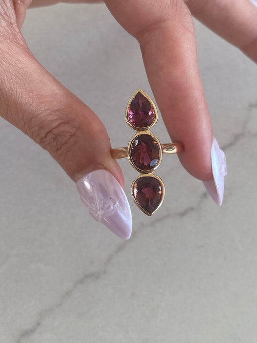 14K Gold Rubellite Tourmaline Three-Stone Vertical Ring