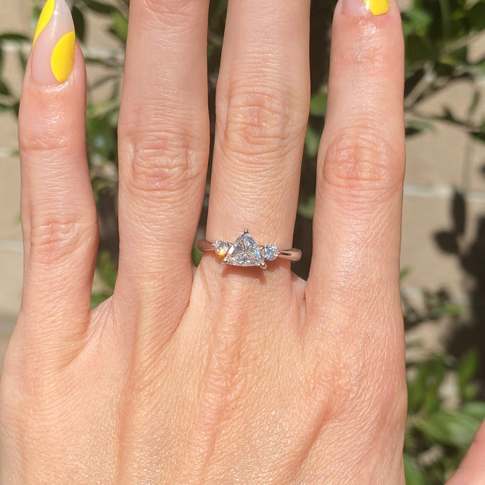 Vintage Platinum Trilogy Diamond Ring – 1.02ct Trillion Center, Size 6.25