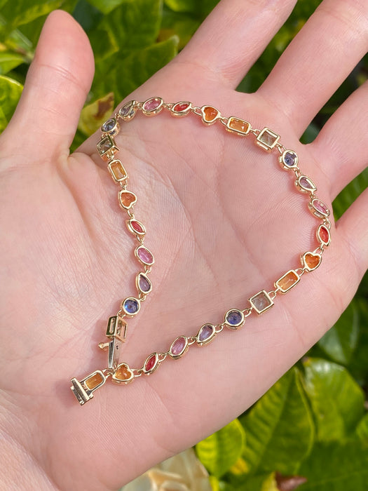 14k fancy cut rainbow sapphire tennis bracelet 8”