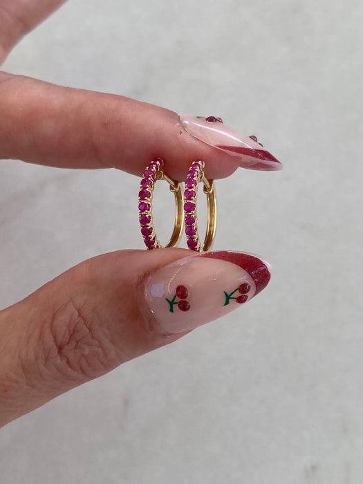 14K Gold Natural Ruby Huggie Hoop Earrings